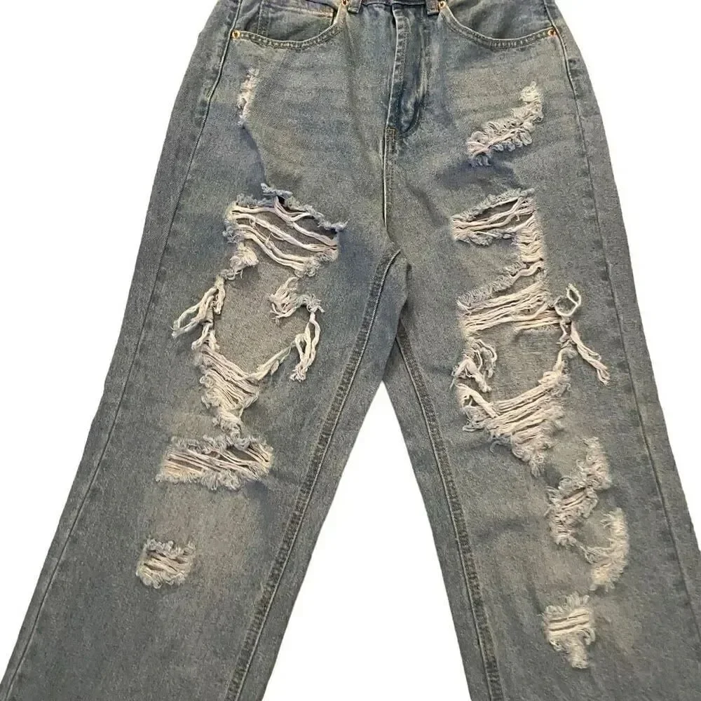 Wax Jean Y2K Wide Leg  Distressed Shredded Light Blue High Waist Jeans Sz M